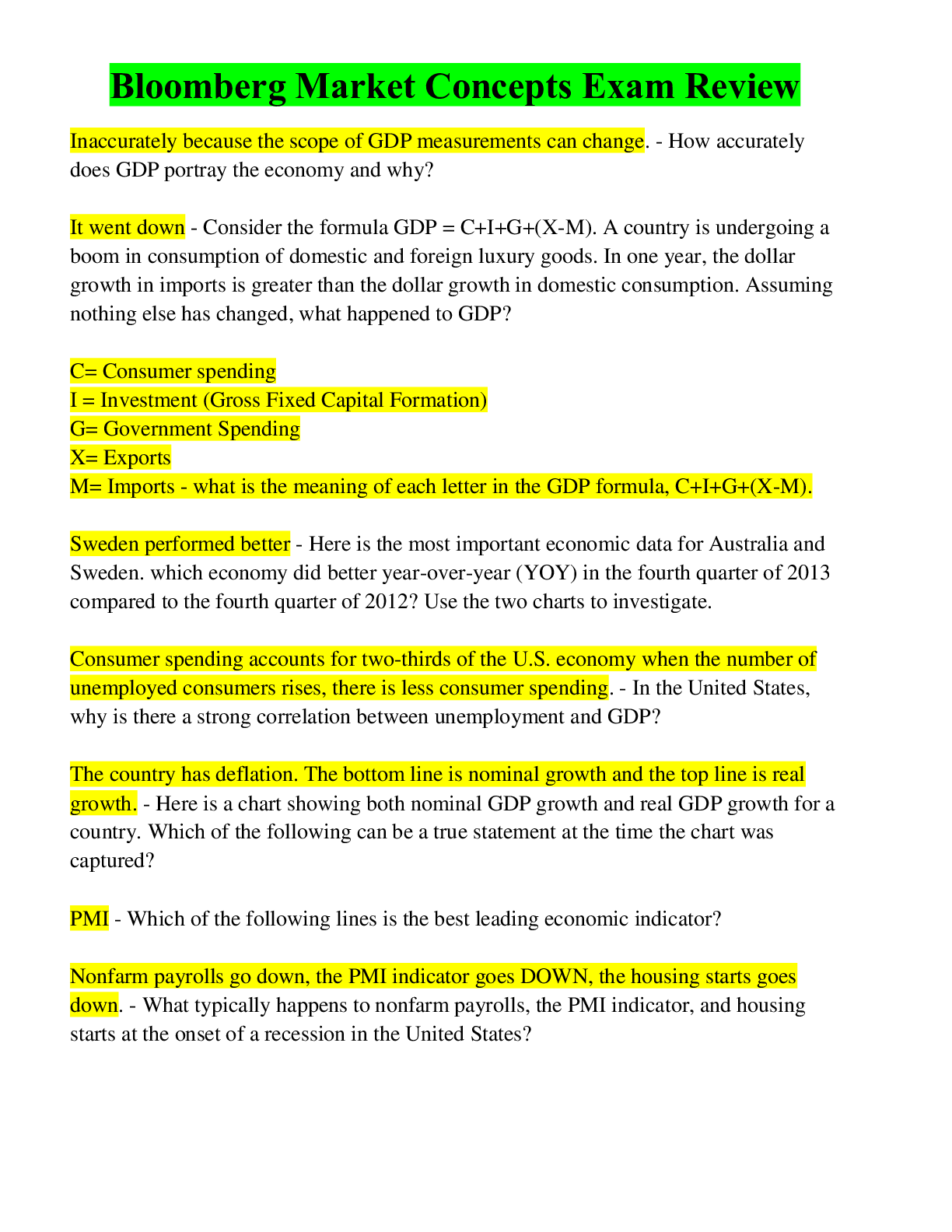 Preview image for Bloomberg Market Concepts Exam Review, 100%